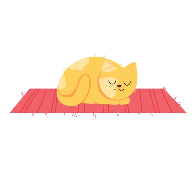 Plik wektorowy Śpiący kot z kreskówki na czerwonej macie uroczy kot w spokojnej drzemce relaksujący zwierzak i przytulna scena domowa
