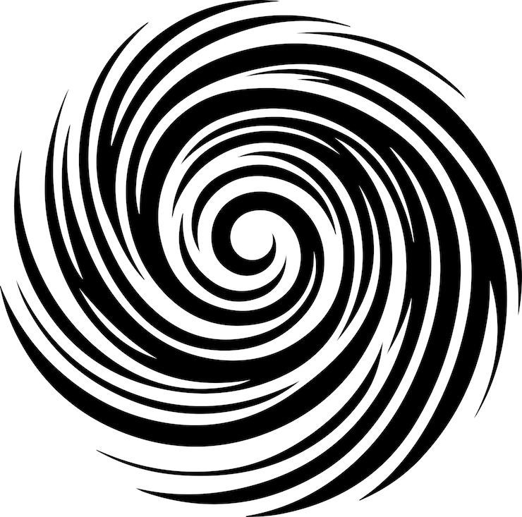 Wektor spirale abstrakcyjne elementy wirujące, wirujące, obracające się spirale proste, minimalne, wektorowe, czarne, sylwetka.