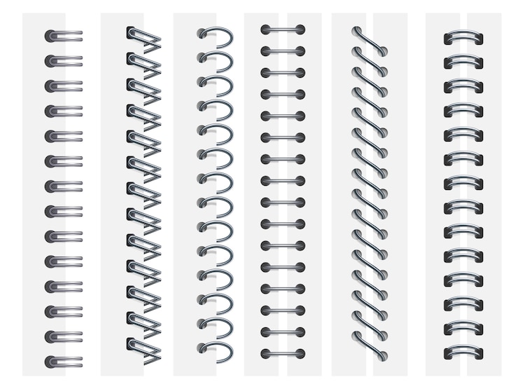 Wektor spirale do notebooków. pierścienie oprawiające strony zeszytów, spiralne arkusze mocujące i wiązania szkicownika dzwonią zestaw ilustracji 3d