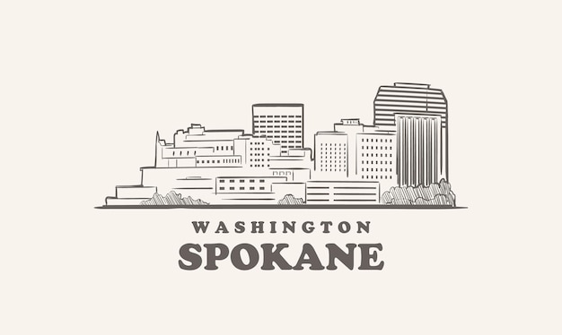 Spokane Skyline, Waszyngton Ciągnione Szkic Duże Miasto