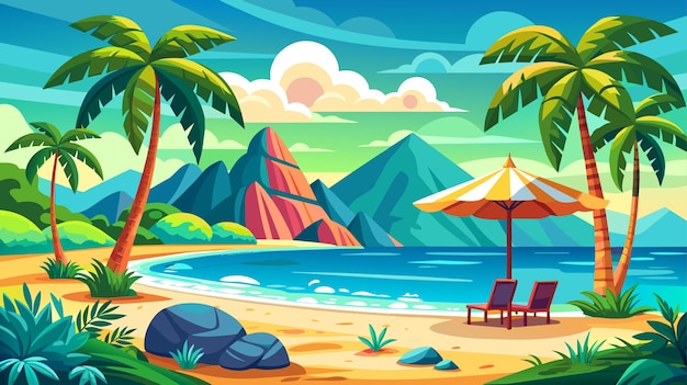 Spokojna tropikalna plaża z górami i palmami