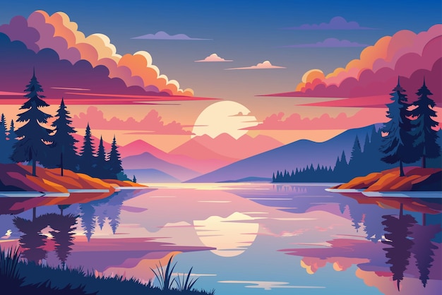 Plik wektorowy spokojne jezioro odzwierciedlające kolory zachodu słońca
