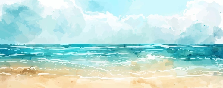 Wektor spokojne plaże akwarelowe tło z miękkim piaskiem i ocean blues płaska ilustracja wektorowa