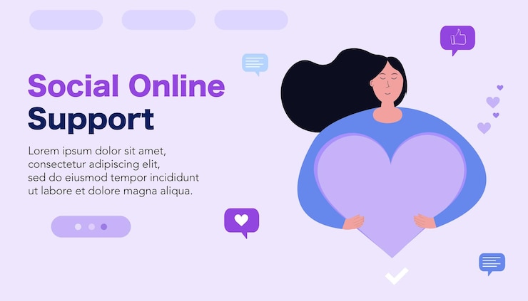 Wektor społeczne wsparcie online dla kobiet. kobieta i serce. strona internetowa serwisu. baner pomoc kobietom.