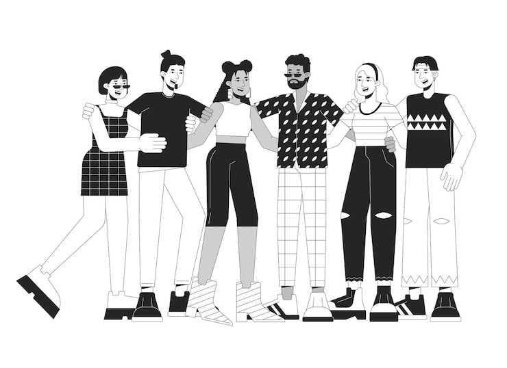 Wektor społeczność diverse bw koncepcja ilustracji wektorowej wielonarodowe przyjazne ludzie 2d kreskówka płaska linia monochromatyczne znaki na białym dla projektowania interfejsu użytkownika edytowalny izolowany obrys bohatera