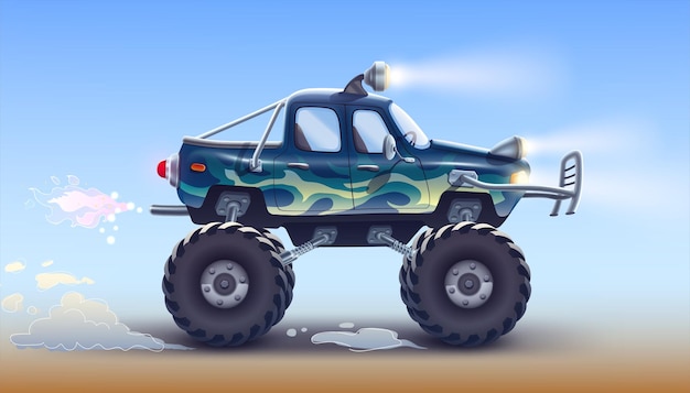 Sportowa ciężarówka offroad z dużymi kołami, reflektorami, silnymi amortyzatorami zderzaków.