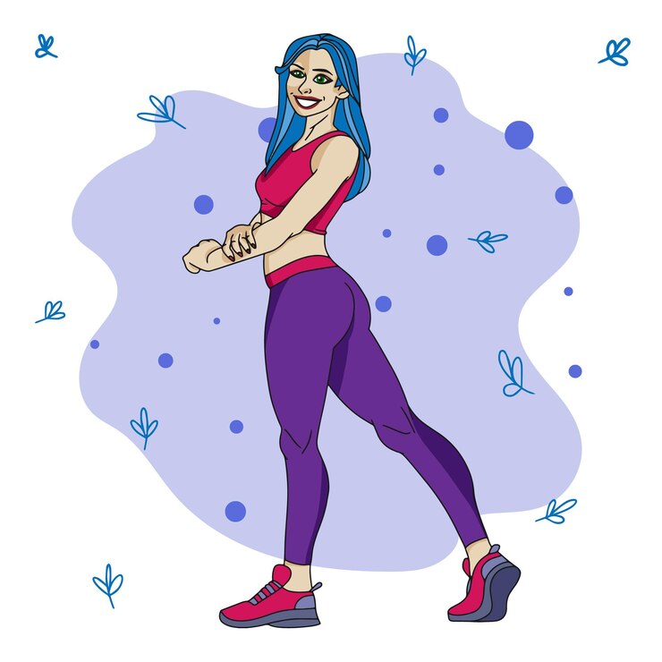 Wektor sportowa dziewczyna z jasnymi włosami w garniturze fitness sportowa figura z uśmiechem doodle