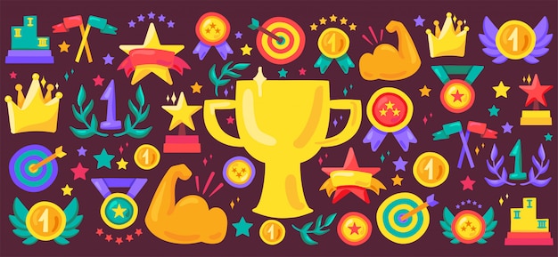 Sportowe osiągnięcie kreskówka wektor zestaw ikon. Nagrody płaskie ilustracje. Naklejki trofeum mistrza