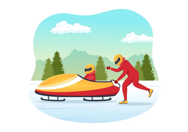 Wektor sportowiec jazda na sankach bobsleje ilustracja ze śniegiem i tor bobslejowy w działalności sportów zimowych