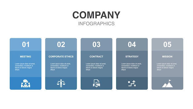 Spotkanie etyki korporacyjnej strategii misji ikony Plansza projekt układu szablonu Koncepcja kreatywnej prezentacji z 5 krokami