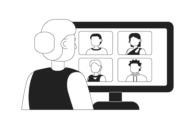 Spotkanie Online Dla Zdalnych Pracowników 2d Wektor Monochromatyczny Izolowany Punkt Ilustracji