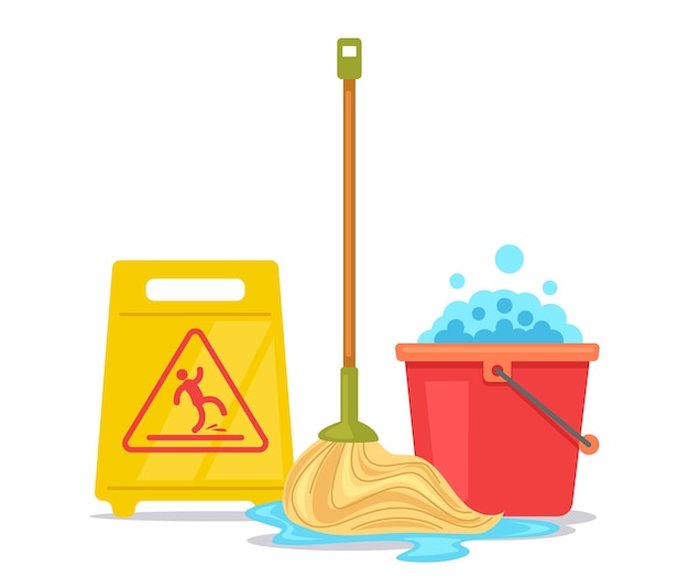 Plik wektorowy sprzątanie domu dostarcza mokrą podłogę koncepcja płaski projekt graficzny ilustracja