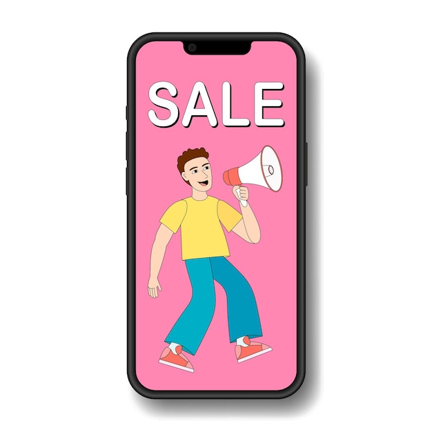 Sprzedam Baner Na Ekranie Telefonu Promocja W Mediach Społecznościowych Reklama Różowe Tło Chłopiec Trzyma Megafon