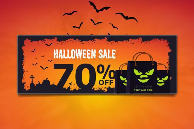 Plik wektorowy sprzedam poziome transparent halloween. e-mail marketing baner internetowy dynia i torba na zakupy.