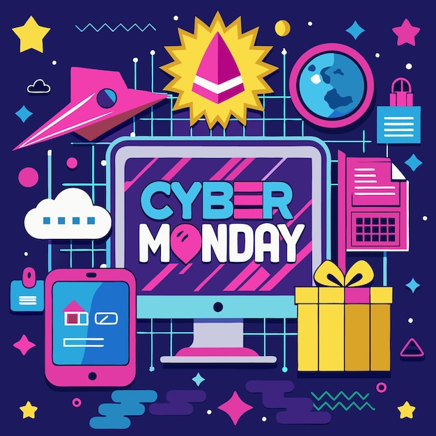 Sprzedaż Cyber Monday z tabletem komputerowym i pudełkiem podarunkowym