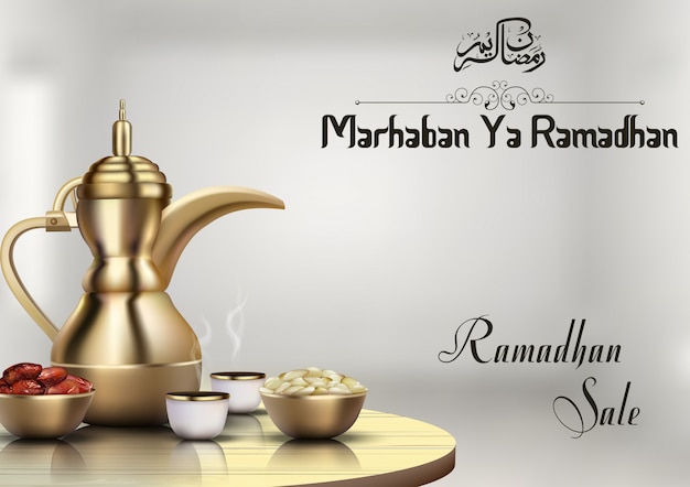 Sprzedaż Ramadhan z tradycyjnym dzbankiem do kawy i miską dat
