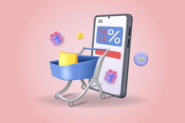 Sprzedaż zakupy koncepcja ilustracja 3D Ikona składu z wózkiem supermarketu z prezentem torby