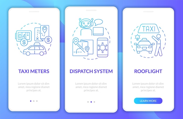 Sprzęt Dla Biznesu Taksówkowego Niebieski Gradient Onboarding Ekran Aplikacji Mobilnej Opis Kabiny 3 Kroki Graficzne Instrukcje Strony Z Koncepcjami Ui Ux Szablon Gui Myriad Probold Standardowe Czcionki