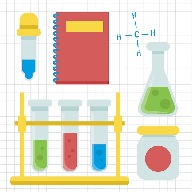 Sprzęt Laboratoryjny Ze Szklanymi Rurkami, Zlewką Do Kolby I Innym Sprzętem Pomiarowym Laboratorium Chemicznego I Medycznego W Stylu Kreskówki Dla Projektanta Graficznego Ilustracja Wektorowa