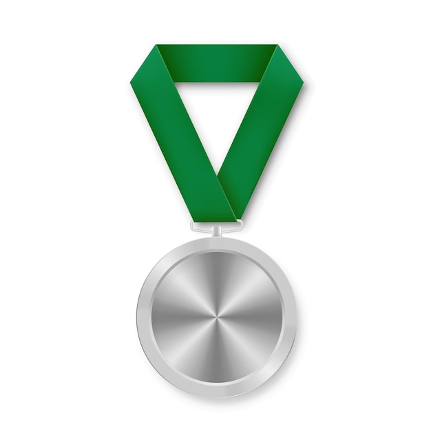 Plik wektorowy srebrny medal sportowy dla zwycięzców z zieloną wstążką trofeum za drugie miejsce odznaki honorowe