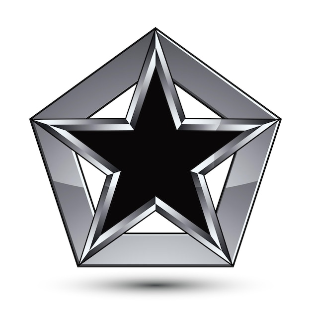 Srebrzysty herb z pięciokątną czarną gwiazdą, może być używany w projektach internetowych i graficznych, wyraźny wektor EPS 8. Heraldyczny srebrny symbol, 3d herb.