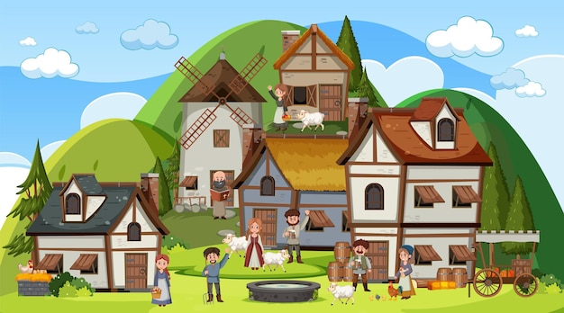 Plik wektorowy Średniowieczna scena miasta z mieszkańcami wioski
