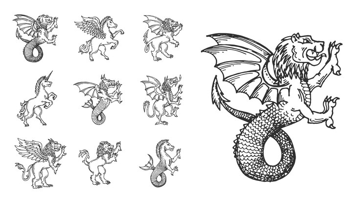 Średniowieczne zwierzęta heraldyczne szkice lew jednorożec lub pegasus smok i griffin symbole wektorowe heraldyka szkice mityczne stworzenia jednorożca lwa smoka i pegasus syrena z pazurami i rykiem