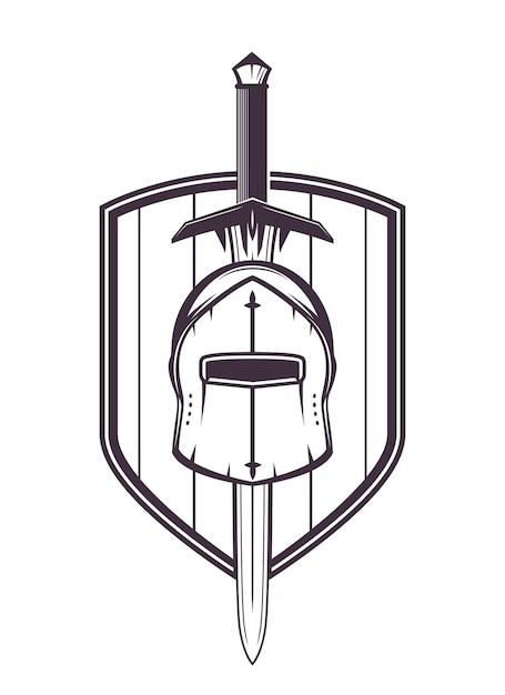 Średniowieczny Hełm, Miecz I Tarcza Na Białym, Ilustracji Wektorowych