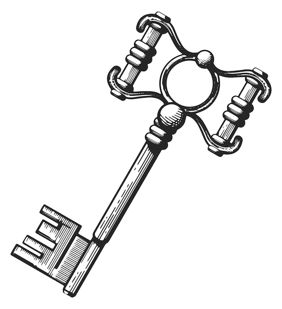 Plik wektorowy Średniowieczny metalowy klucz z ozdobnym filigranowym grawerowaniem izolowanym na białym tle