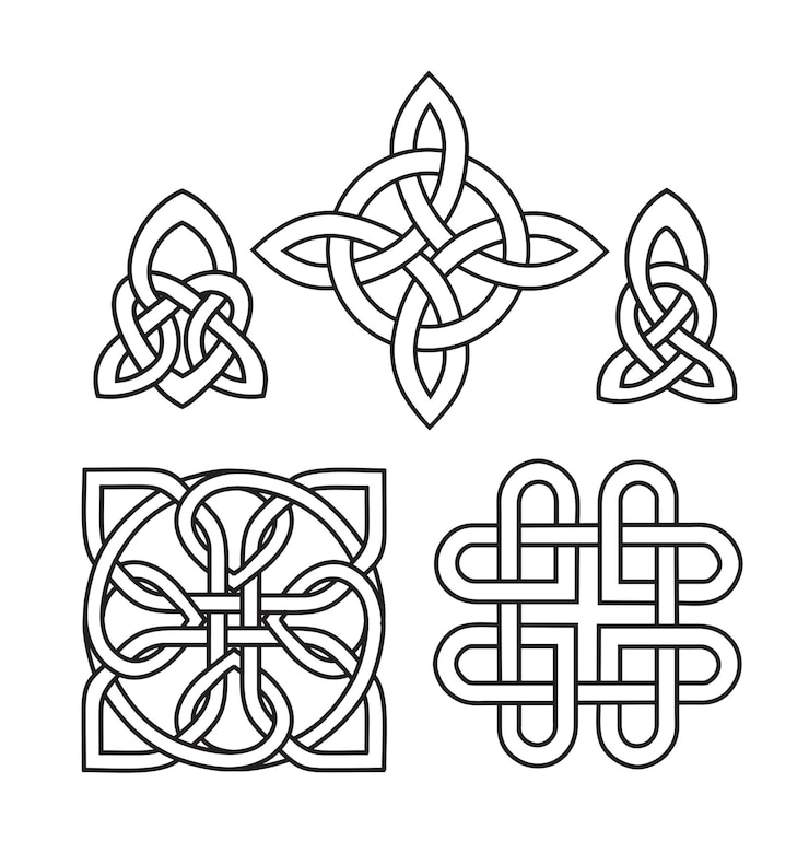 Wektor średniowieczny zestaw tatuaży z węzłem celtyckim. ozdoba celtyckich, irlandzkich węzłów. symbole celtyckie, niekończąca się ikona wektora kształtu węzła, symbol jedności ducha nieskończonego, pogańskie symbole plemiennej grafiki na białym tle