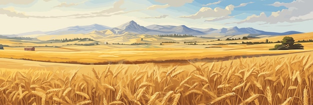 Środowisko Wiejskie W Słoneczny Dzień Z Polami Pszenicy Panorama Ilustracja Wektorowa Rolnictwo