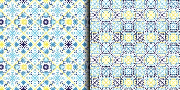 Śródziemnomorska niebieska płytka wzór Bezszwowa ozdoba Ręcznie rysowana krzywa mozaika kwiatowa Arabski lub azulejo ceramiczny Druk do papieru do pakowania tekstyliów Projekt tapety Orientalny wystrój ilustracji wektorowych