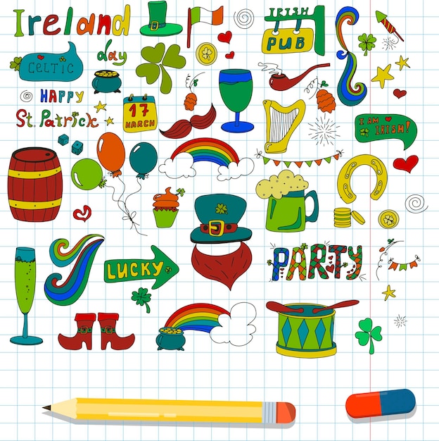 St. Patrick S Day Zestaw Z Ręcznie Rysowanymi Ikonami. Doodle Piwa, Irlandia, Pub, Impreza, Bar. Szablon Pocztówki, Zaproszenia, Reklamy Lub Banera Na Irlandzkie święto 17 Marca. Ilustracja Wektorowa