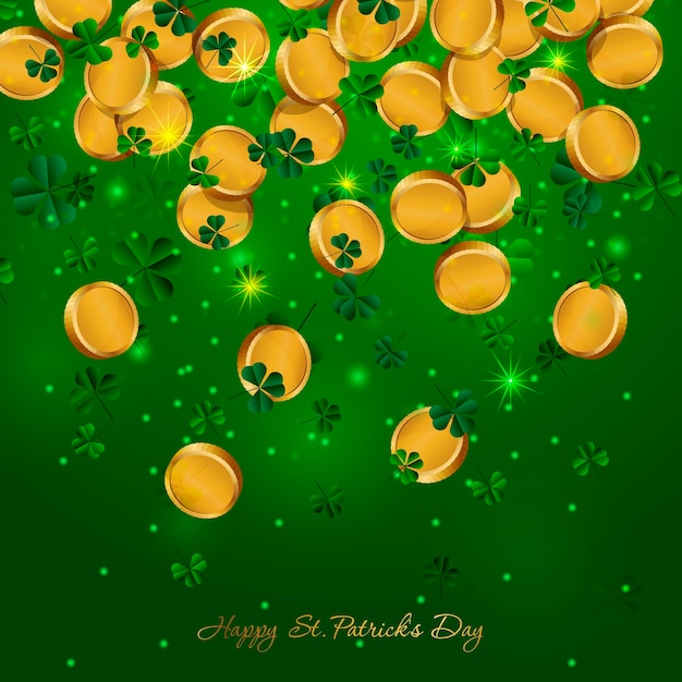 St Patricks Day Background Tło Z Spadającymi Złotymi Monetami I Koniczyną