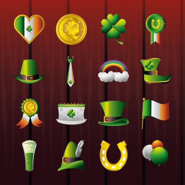 St Patricks Day Ikony Serce Flaga Moneta Koniczyna But Podkowa Ilustracja Kapelusz Piwa