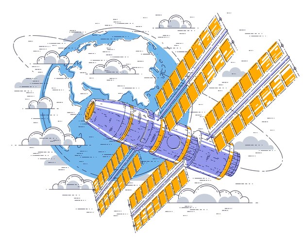 Plik wektorowy stacja kosmiczna latająca lotem orbitalnym wokół ziemi, statek kosmiczny jest z panelami słonecznymi, sztucznym satelitą. cienka linia 3d ilustracji wektorowych.