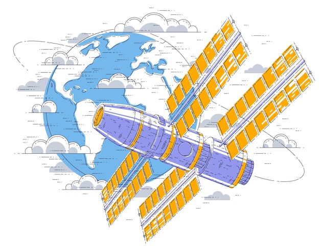 Plik wektorowy stacja kosmiczna latająca orbitalna wokół ziemi, statek kosmiczny jest z panelami słonecznymi, sztucznym satelitą. cienka linia 3d ilustracji wektorowych.