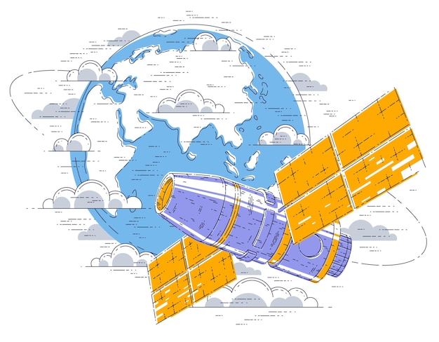 Plik wektorowy stacja kosmiczna latająca orbitalna wokół ziemi, statek kosmiczny jest z panelami słonecznymi, sztucznym satelitą. cienka linia 3d ilustracji wektorowych.