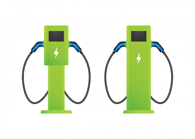 Stacja ładowania Pojazdów Elektrycznych. Płaski ładunek Elektryczny. Samochód Elektryczny. Ilustracja.