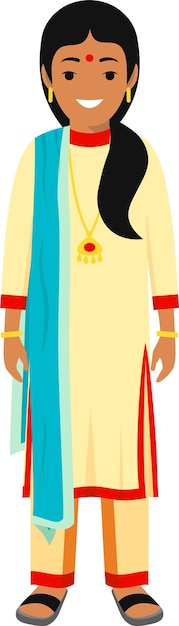 Plik wektorowy stały ładny uśmiechający się indyjski nastolatek dziewczyna w tradycyjnych strojach narodowych w płaski wektor