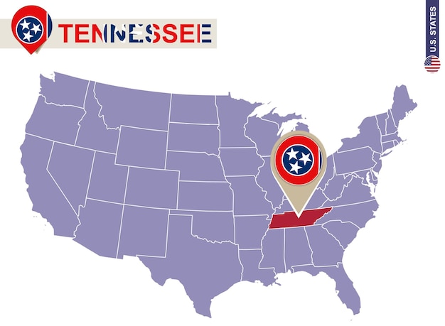 Stan Tennessee Na Mapie Usa. Flaga I Mapa Stanu Tennessee. Stany Zjednoczone.