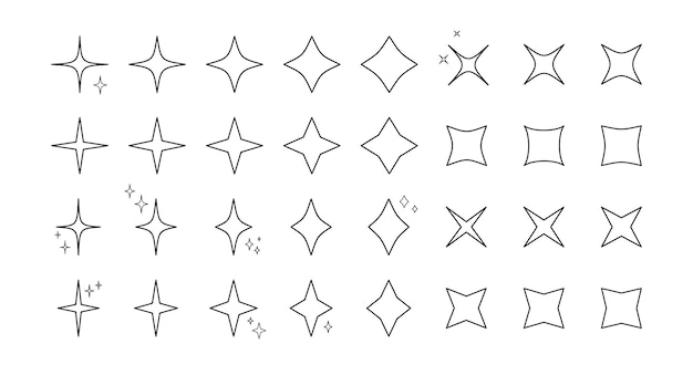 Star burst sparkle zarys wzoru zestaw ikon czarny kontur w kształcie gwiazdy kolekcja wzorów migotania