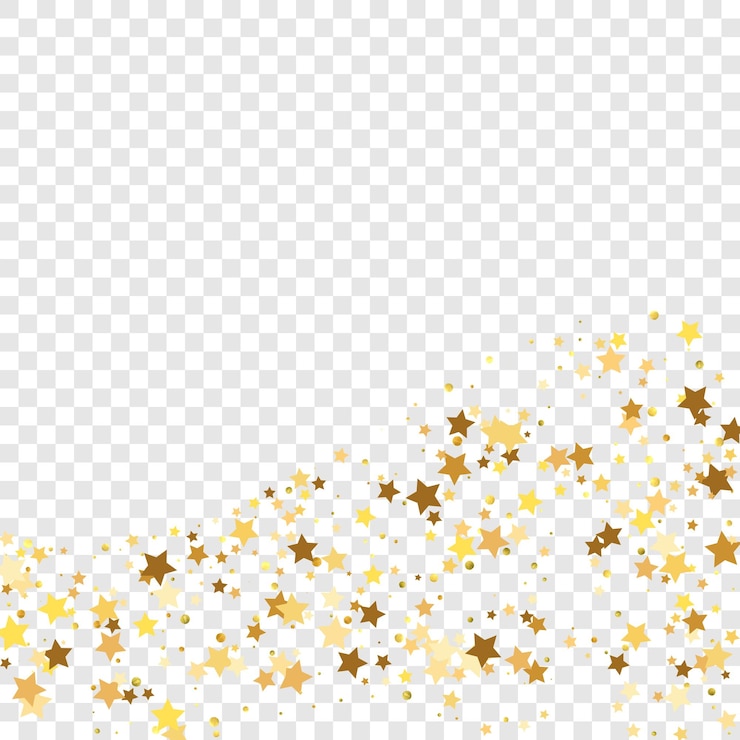 Wektor star sequin confetti na przezroczystym tle. izolowana płaska karta urodzinowa. złote gwiazdy banner. ramy na przyjęcie świąteczne. szablon karty podarunkowej. wektorowy złoty błyszczący. upadkowe cząstki na podłodze.