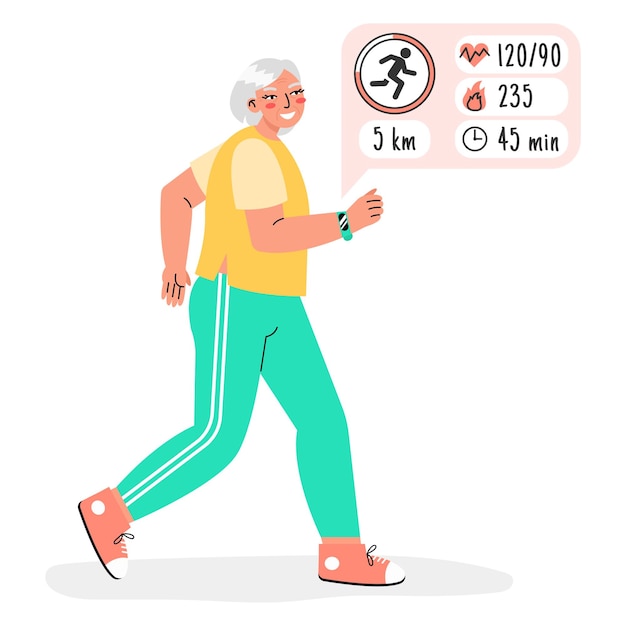 Stara Kobieta Działa Z Fitness Tracker Na Białym Tle Na Białym Tle. Inteligentny Zegarek Dla Osób Starszych