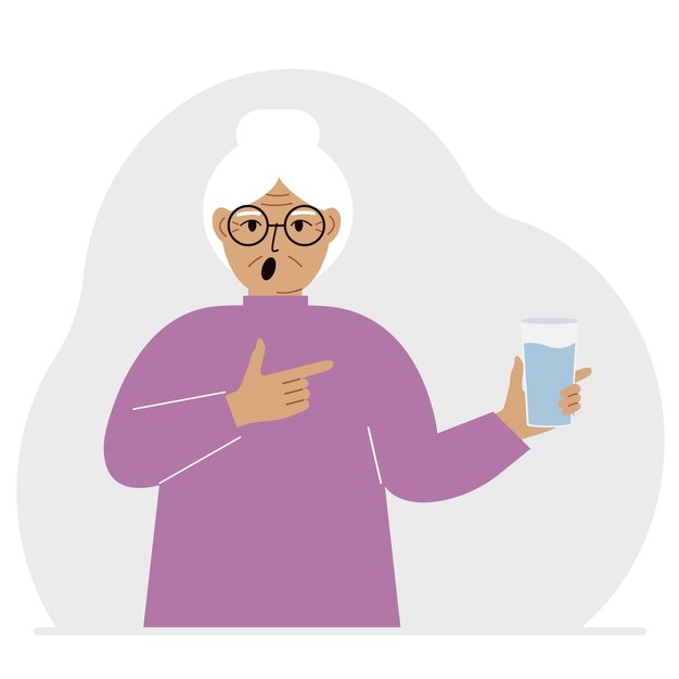 Plik wektorowy stara kobieta trzyma w dłoni szklankę wody pojęcie równowagi wodnej i zdrowia