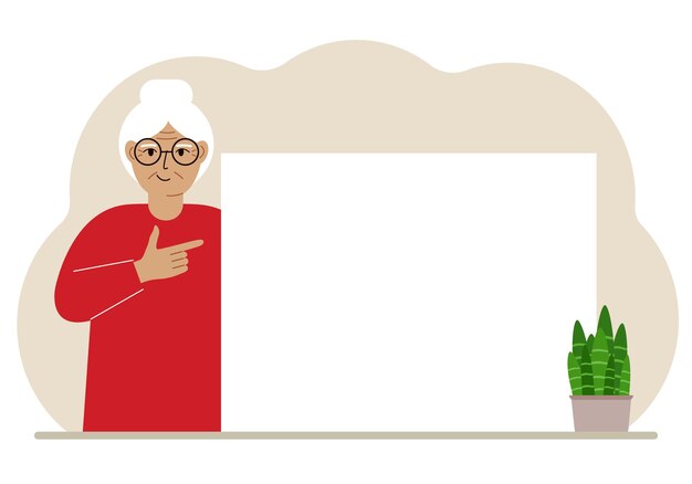 Stara Kobieta Wskazuje Palcem Na Czysty Duży Baner, Pusty Plakat Lub Dużą Białą Kartkę Papieru Z Miejscem Na Tekst