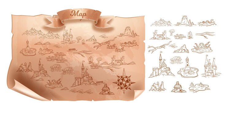 Stara mapa wektor vintage podróży kartografia papier antyczny średniowieczny pergamin skarb na białym