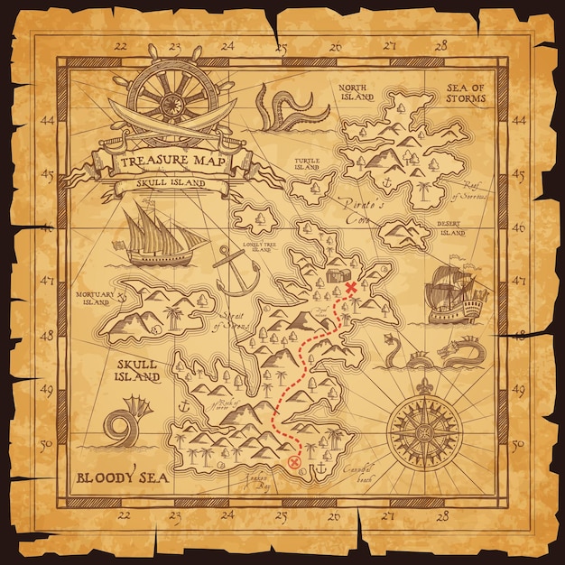 Plik wektorowy stara piracka mapa wektorowa z lokalizacją skarbów
