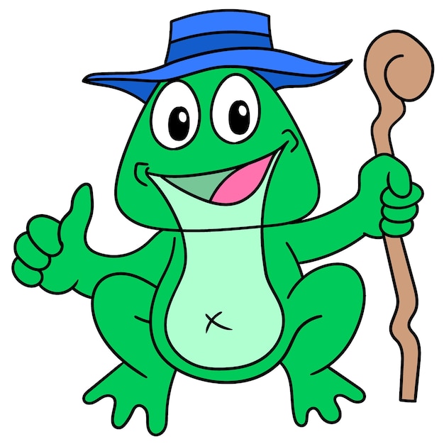 Stara żaba Niosąca Twarz Kija Uśmiecha Się Radośnie, Doodle Rysuj Kawaii. Sztuka Ilustracji Wektorowych