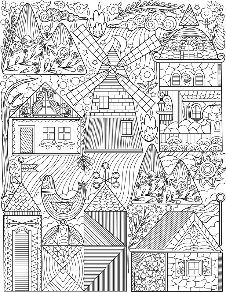 Stare miasto doodle wiatrak domy bezbarwny rysowanie linii klasyczna wioska doodling zestaw wysokie wieże